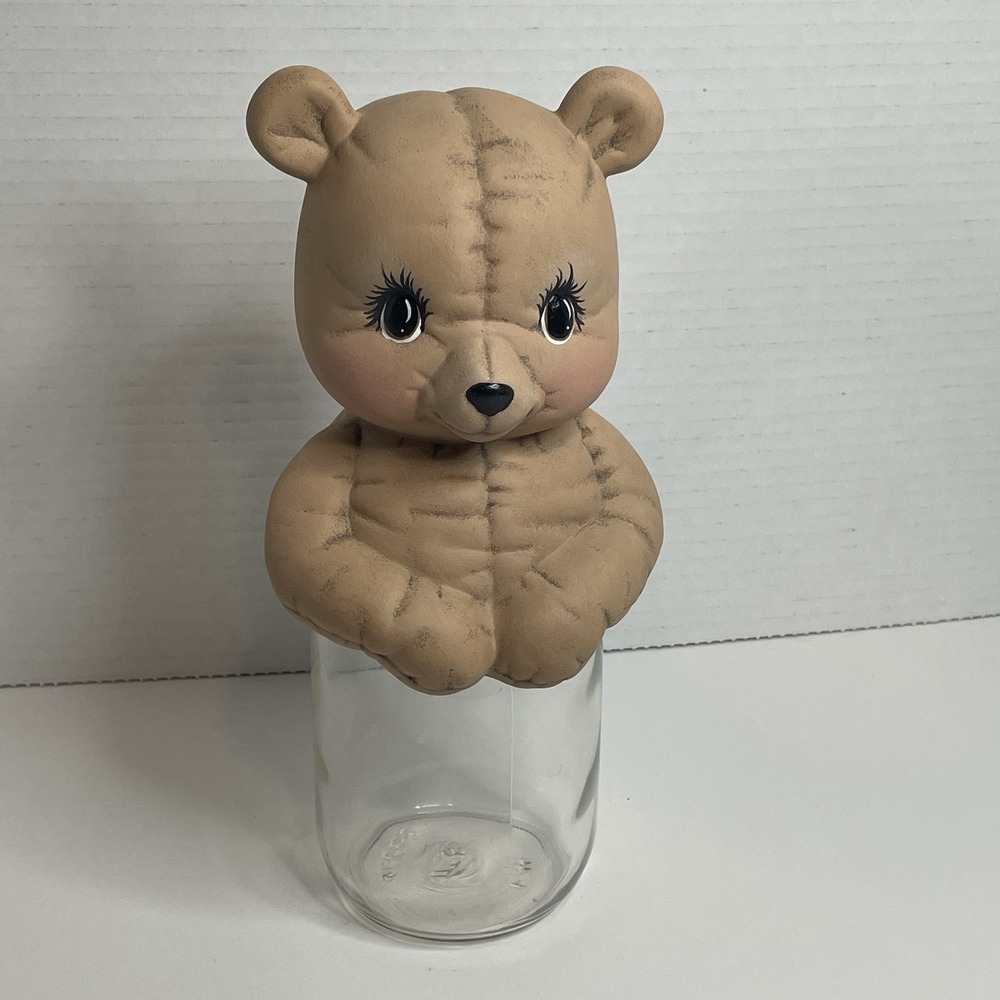 Teddy Bear Glass Jar Topper Tan Bear Head Lid Easter Candy Vintage Trinkets